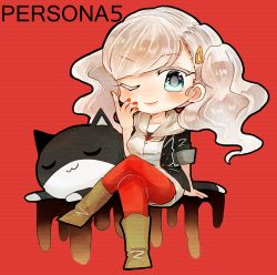 Rule 34 | 10s, 1girl, bad id, bad pixiv id, blonde hair, cat, looking at viewer, morgana (persona 5), nail polish, one eye closed, pantyhose, persona, persona 5, red pantyhose, school uniform, takamaki anne, twintails, wink