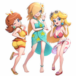 Rule 34 | 3girls, absurdres, alternate costume, anklet, ass, barefoot, bead anklet, bikini, blonde hair, blue dress, blue eyes, bow, bracelet, breasts, brown hair, cleavage, commentary request, crescent print, dress, earrings, eyewear on head, feet, female focus, flip-flops, flower, flower earrings, flower necklace, frilled one-piece swimsuit, frills, full body, gonzarez, hair bow, hair flower, hair ornament, hair over one eye, halter dress, halterneck, height difference, hibiscus, highres, jewelry, large breasts, lei, long hair, looking at viewer, mario (series), mario kart, mario kart tour, medium dress, medium hair, multiple girls, necklace, nintendo, official alternate costume, one-piece swimsuit, one eye closed, open mouth, orange bow, orange footwear, orange one-piece swimsuit, pink bikini, pink footwear, princess daisy, princess daisy (swimwear), princess peach, princess peach (swimwear), print dress, print sarong, rosalina, rosalina (swimwear), sandals, sarong, simple background, sphere earrings, star (symbol), star earrings, star print, striped bow, sunglasses, super mario odyssey, swimsuit, tall female, two-tone bow, two-tone one-piece swimsuit, white-framed eyewear, white background, white flower, white sarong, yellow bow, yellow one-piece swimsuit