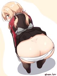 Rule 34 | 1girl, ass, bad id, bad pixiv id, beige background, bent over, black jacket, black skirt, black thighhighs, blonde hair, blush, butt crack, clothes lift, commentary request, covered mouth, cross, gloves, green eyes, hair between eyes, highres, iron cross, jacket, kantai collection, kapatarou, long hair, long sleeves, looking at viewer, looking back, low twintails, panties, panty pull, pleated skirt, prinz eugen (kancolle), shadow, skirt, skirt lift, solo, standing, thighhighs, twintails, twitter username, two-tone background, underwear, white background, white gloves, white panties