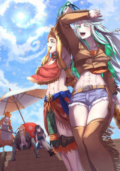 Rule 34 | abs, absurdres, animal costume, animal ears, animal print, aztec, blonde hair, chin piercing, colored inner hair, crystal hair, detached pants, fate/grand order, fate (series), green hair, highres, jaguar ears, jaguarman (fate), kikyouta, kukulkan (fate), mexican clothes, mexico, multicolored hair, poncho, quetzalcoatl (fate), sideless outfit, tenochtitlan (fate), tezcatlipoca (fate), tiger costume, tiger print