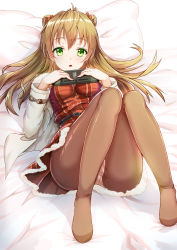 Rule 34 | 1girl, ahoge, belt, blush, bow, breasts, brown hair, brown pantyhose, buckle, coat, double bun, dress, fur-trimmed coat, fur trim, girls&#039; frontline, green eyes, hair between eyes, hair bow, hair bun, handheld game console, highres, holding, holding handheld game console, knees up, long hair, looking at viewer, lying, medium breasts, no shoes, official alternate costume, on back, panties, panties under pantyhose, pantyhose, plaid, plaid dress, red dress, rfb (girls&#039; frontline), rfb (how rfb stole xmas) (girls&#039; frontline), shailiar, smile, solo, underwear, white coat, white panties