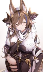 Rule 34 | 1girl, animal ears, blue hair, breasts, brown hair, closed eyes, cowboy shot, dress, extra ears, facing viewer, galleon (granblue fantasy), gloves, granblue fantasy, highres, horns, iwao (pixiv258710), large breasts, long hair, multicolored hair, pointy ears, solo, streaked hair, thigh strap, very long hair, white background, white gloves