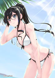 Rule 34 | 1girl, alternate costume, arm up, bare arms, bare legs, bare shoulders, beach, bent over, bikini, black hair, blue sky, blush, breasts, collarbone, commentary request, cowboy shot, day, glasses, hair between eyes, hairband, halterneck, hand on own head, kantai collection, light rays, long hair, looking at viewer, mikage takashi, navel, ooyodo (kancolle), outdoors, palm tree, ponytail, semi-rimless eyewear, side-tie bikini bottom, sidelocks, sky, small breasts, smile, solo, standing, string bikini, sunbeam, sunlight, swimsuit, tree, twitter username, under-rim eyewear, white bikini