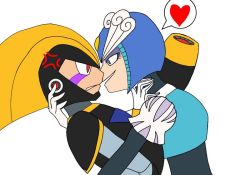 Rule 34 | 1boy, 1girl, anger vein, angry, arm cannon, bass (mega man), blue eyes, capcom, eye contact, from side, gloves, heart, helmet, hug, implied kiss, looking at another, mega man (classic), mega man (series), nervous, no humans, red eyes, robot, robot ears, simple background, splash woman, spoken heart, standing, upper body, weapon, white background, white gloves