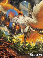 Rule 34 | bird, cloud, cloudy sky, copyright name, fangs, feathered wings, fiery tail, fire, force of will, gozz, grey eyes, no humans, official art, open mouth, rock, sky, tail, tree, wings