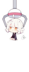 Rule 34 | 1girl, :&lt;, ahoge, beni shake, black dress, black jacket, chibi, commentary request, crane game, dress, fate/grand order, fate (series), fur-trimmed jacket, fur-trimmed sleeves, fur trim, highres, jacket, jeanne d&#039;arc alter (fate), jeanne d&#039;arc alter (ver. shinjuku 1999) (fate), long sleeves, looking away, open clothes, open jacket, orange eyes, parted lips, signature, simple background, sitting, solo, triangle mouth, white background, white hair