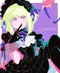 Rule 34 | 1boy, 1other, absurdres, alternate costume, ascot, black corset, black dress, black gloves, black thighhighs, blonde hair, border, colored eyelashes, corset, cross, crossdressing, dress, english text, frilled wrist cuffs, frills, gloves, gothic lolita, highres, knees up, lio fotia, lolita fashion, maid headdress, male focus, out of frame, promare, puffy short sleeves, puffy sleeves, purple background, purple eyes, purple ribbon, ribbon, short hair, short sleeves, sitting, solo focus, thighhighs, trap, white ascot, white border, wrist cuffs, yzyz630