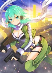 Rule 34 | 1girl, blue eyes, blue hair, breasts, cleavage, commentary request, fingerless gloves, frown, gloves, green jacket, gun, hair between eyes, hair ornament, hairclip, highres, jacket, knee up, large breasts, looking at viewer, multicolored jacket, rifle, scarf, short hair, short shorts, shorts, sinon, solo, sword art online, two-tone jacket, uonuma yuu, weapon, white jacket, white scarf