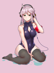 Rule 34 | 1girl, ahoge, breasts, cleavage, covered navel, czk021, front zipper swimsuit, green eyes, headphones, impossible clothes, impossible swimsuit, large breasts, light purple hair, meme attire, one-piece swimsuit, sitting, solo, swimsuit, thighhighs, tirpitz (warship girls r), wariza, warship girls r, wet