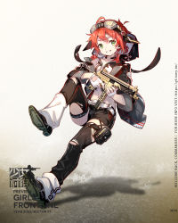 Rule 34 | 1girl, black jacket, black pants, breasts, character name, chinese commentary, chinese text, collarbone, copyright name, eyepiece, eyewear on head, fingerless gloves, full body, girls&#039; frontline, gloves, green eyes, gun, highres, holding, holding gun, holding weapon, hood, hood down, hooded jacket, jacket, kinoshita neko, looking at viewer, machine gun, medium hair, mpk (girls&#039; frontline), official art, open clothes, open jacket, open mouth, pants, promotional art, red hair, safety glasses, shoes, simple background, small breasts, solo, standing, standing on one leg, submachine gun, teeth, torn clothes, torn pants, walther, walther mp, walther mp, weapon, white gloves