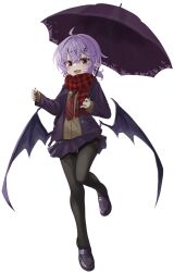 Rule 34 | akisome hatsuka, alternate costume, bat wings, pantyhose, purple hair, remilia scarlet, scarf, school uniform, smile, touhou, umbrella, wings