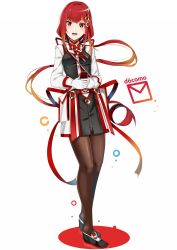 Rule 34 | 1girl, :d, docomo, doko tetora, full body, gloves, hair ornament, highres, long hair, open mouth, pantyhose, ponytail, red eyes, red hair, simple background, smile, solo, standing, white background