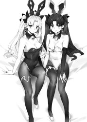 Rule 34 | 2girls, animal ears, bare shoulders, blush, breasts, cleavage, closed mouth, covered navel, detached collar, earrings, ereshkigal (fate), fate/grand order, fate (series), greyscale, hair ribbon, high heels, highres, hoop earrings, ishtar (fate), jewelry, leotard, long hair, looking at viewer, medium breasts, monochrome, multiple girls, pantyhose, parted bangs, rabbit ears, ribbon, simple background, sitting, skull, smile, thighlet, thighs, two side up, white background, yd (orange maru)