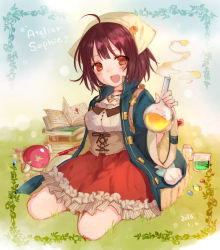 Rule 34 | 10s, 1girl, 2016, :d, absurdres, ahoge, atelier (series), atelier sophie, bonnet, book, breasts, brown eyes, brown hair, coat, copyright name, corset, dated, female focus, flask, head scarf, highres, holding, holding flask, jewelry, kneeling, looking at viewer, medium breasts, necklace, open mouth, red skirt, round-bottom flask, short hair, skirt, smile, solo, sophie neuenmuller, umecchi, underbust