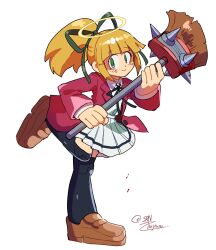 1girl black_thighhighs blonde_hair blush bokusatsu_tenshi_dokuro-chan broom brown_footwear full_body green_eyes halo high_ponytail highres holding holding_broom jacket long_hair looking_at_viewer mega_man_(classic) mega_man_(series) mitsukai_dokuro mitsukai_dokuro_(cosplay) pink_jacket ponytail roll_(mega_man) shirt simple_background skirt smile solo srnhuyuno thighhighs white_background white_shirt white_skirt