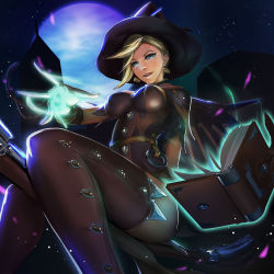 Rule 34 | 1girl, backlighting, bangle, blonde hair, blue eyes, book, bracelet, breasts, broom, broom riding, brown thighhighs, cleavage, cowboy shot, earrings, elbow gloves, full moon, gloves, halloween, halloween costume, hat, highres, jewelry, large breasts, light particles, lips, looking at viewer, magic, mechanical wings, mercy (overwatch), moon, night, night sky, nose, official alternate costume, open book, open mouth, outdoors, overwatch, overwatch 1, short sleeves, sky, smile, solo, star (sky), sunkilow, thighhighs, wings, witch, witch hat, witch mercy