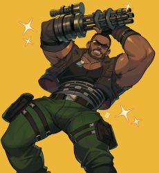 Rule 34 | 1boy, absolum art, absurdres, amputee, armpit hair, armpits, bara, bare shoulders, barret wallace, beard, belt, black tank top, bulge, camouflage, camouflage pants, chest hair, cowboy shot, dark-skinned male, dark skin, dynamic pose, facial hair, feet out of frame, fighting stance, final fantasy, final fantasy vii, green pants, harness, highres, large pectorals, leaning back, male focus, manly, mechanical arms, muscular, pants, pectorals, short hair, single mechanical arm, sleeveless, solo, sunglasses, tank top, thick thighs, thighs, tight clothes, tight pants