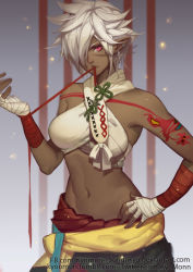 Rule 34 | 10s, 1girl, artist name, warrior of light (ff14), bandaged arm, bandages, bare shoulders, breasts, character request, clothes around waist, cowboy shot, dark-skinned female, dark skin, earrings, elezen, elf, final fantasy, final fantasy xiv, hair over one eye, hand on own hip, jewelry, looking at viewer, medium breasts, messy hair, midriff, mouth hold, navel, pointy ears, red eyes, short hair, solo, songjikyo, stomach, striped, striped background, tassel, tattoo, watermark, web address, white hair