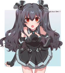 Rule 34 | 1girl, bare shoulders, black dress, black gloves, black hair, blush, dress, elbow gloves, fingerless gloves, gloves, hair between eyes, hair ribbon, haruna (citrus love i), highres, long hair, looking at viewer, midriff, neptune (series), open mouth, red eyes, ribbon, smile, solo, two side up, uni (neptunia)