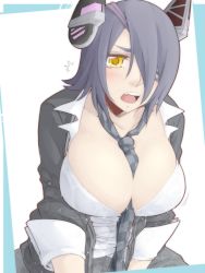 Rule 34 | 1girl, between breasts, blush, breasts, checkered clothes, checkered necktie, checkered neckwear, cleavage, eyepatch, headgear, kantai collection, large breasts, looking at viewer, necktie, necktie between breasts, neko majin, purple hair, school uniform, short hair, sleeves pushed up, solo, tenryuu (kancolle), v arms, wet, wet clothes, yellow eyes