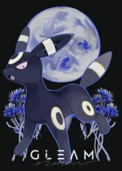 Rule 34 | animal feet, animal focus, black background, black fur, colored skin, creatures (company), english text, fangs, flower, game freak, gen 2 pokemon, highres, moon, natsumekan, nintendo, no humans, open mouth, pokemon, pokemon (creature), red eyes, signature, simple background, umbreon