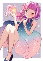 Rule 34 | 1girl, anklet, bare arms, bare legs, blue dress, blue eyes, blush, border, doroshii, dress, finger to mouth, floating hair, gradient dress, index finger raised, jewelry, laura la mer, long hair, looking at viewer, one eye closed, pink dress, pink hair, precure, shushing, sketch, sleeveless, sleeveless dress, solo, starry sky print, tropical-rouge! precure, twitter username, white border
