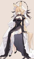 Rule 34 | 1girl, absurdly long hair, absurdres, animal ears, arknights, black dress, black footwear, black gloves, blonde hair, breasts, brown background, cleavage, dorothy (arknights), dorothy (hand of destiny) (arknights), dress, elbow gloves, full body, gloves, hair between eyes, hand up, high heels, highres, invisible chair, jewelry, kneehighs, long hair, looking at viewer, medium breasts, mouse ears, mouse girl, necklace, official alternate costume, pearl anklet, pearl necklace, side slit, simple background, single kneehigh, single sock, sitting, socks, solo, veil, very long hair, white socks, yuanqi (chriu)
