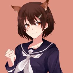 Rule 34 | 10s, 1girl, animal ear fluff, animal ears, brave witches, brown eyes, brown hair, clenched hand, hair ornament, hairclip, karibuchi hikari, matching hair/eyes, red background, retto, school uniform, serafuku, short hair, simple background, smile, solo, squirrel ears, upper body, world witches series