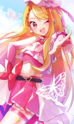 Rule 34 | 1girl, ;d, asymmetrical clothes, asymmetrical legwear, belt bow, blonde hair, bow, brown hair, commentary request, cure butterfly, earrings, eyelashes, happy, highres, hijiri ageha, hirogaru sky! precure, jewelry, long hair, looking at viewer, magical girl, mani (second-dimension), midriff, miniskirt, multicolored hair, navel, one eye closed, open mouth, pantyhose, pink bow, pink eyes, pink headwear, pink shirt, pink skirt, precure, shirt, single leg pantyhose, skirt, smile, solo, standing, streaked hair, two-tone hair, very long hair
