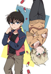Rule 34 | 1boy, 1girl, 938nodon, alternate costume, black jacket, black pants, blonde hair, brown pants, brown sweater, child, closed mouth, collarbone, crossed arms, edogawa conan, feet out of frame, glasses, green background, green eyes, hand up, jacket, long sleeves, looking to the side, mary sera, meitantei conan, open clothes, open jacket, pants, pill, red jacket, short hair, simple background, sweater, white background, yellow background