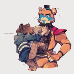 Rule 34 | 2boys, ?, animal ears, animification, bear boy, bear ears, black bow, black bowtie, bow, bowtie, bracelet, creg (kiibbl), cropped legs, english text, five nights at freddy&#039;s, five nights at freddy&#039;s: security breach, freddy fazbear, furry, furry male, glamrock freddy, hat, jewelry, machinery, male focus, mini hat, motion lines, multiple boys, pointing, pointing at self, raised eyebrow, robot, spiked bracelet, spikes, thick eyebrows, top hat