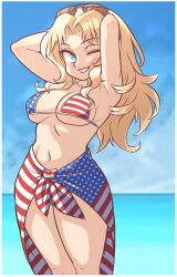 Rule 34 | 1girl, absurdres, alternate costume, american flag bikini, arms behind head, arms up, beach, bikini, blonde hair, blue eyes, blush, breasts, day, eyewear on head, flag print, girls und panzer, highres, kay (girls und panzer), large breasts, long hair, lulushi057, navel, one eye closed, outdoors, parted bangs, parted lips, smile, solo, sunglasses, swimsuit