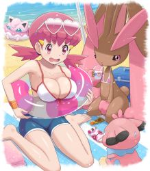 Rule 34 | 1girl, absurdres, alternate color, animal nose, barefoot, beach, beach towel, bike shorts, bikini, bikini top only, blush, breasts, cleavage, clothed pokemon, collarbone, commentary request, cooler, creatures (company), day, eyelashes, eyewear on head, game freak, gen 1 pokemon, gen 2 pokemon, gen 4 pokemon, hair ornament, hairclip, heart, heart-shaped eyewear, highres, holding, holding swim ring, innertube, jigglypuff, large breasts, looking down, lopunny, nintendo, open mouth, outdoors, pink eyes, pink hair, pokemoa, pokemon, pokemon (creature), pokemon hgss, shiny pokemon, shiny skin, sitting, snubbull, sunglasses, sunglasses on head, swim ring, swimsuit, toes, tongue, towel, twintails, wariza, white bikini, whitney (pokemon), wristband
