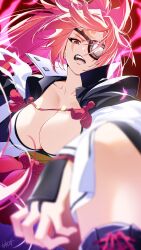 Rule 34 | 1girl, baiken, breasts, eyepatch, facial tattoo, guilty gear, highres, large breasts, long hair, open mouth, red eyes, red hair, solo, tattoo, tochi keisuke