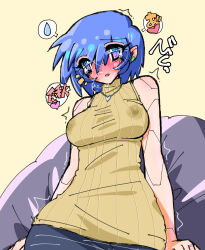 Rule 34 | absurdres, aoba (aunana), blue eyes, blue hair, blush, breasts, cyborg, denim, empty eyes, eyes visible through hair, heart, heart necklace, highres, jeans, jewelry, joints, lactation, lactation through clothes, large breasts, miyuki mama, necklace, pants, ring, robot joints, shirt, sitting, sitting on object, turtleneck, turtleneck shirt, wedding band, yellow turtleneck