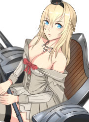 Rule 34 | 10s, 1girl, bare shoulders, blonde hair, blue eyes, braid, breasts, cleavage, crown, dress, garter straps, half up braid, kantai collection, large breasts, long hair, long sleeves, mini crown, off shoulder, shi zao, solo, thighhighs, throne, warspite (kancolle)