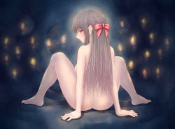Rule 34 | 1girl, barefoot, blush, bow, candle, commentary request, completely nude, hair bow, japanese clothes, long hair, m legs, miko, mitsu (komainumilk), nude, original, ritual, spread legs, tagme