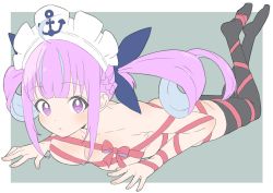 Rule 34 | 1girl, absurdres, bad id, bad twitter id, black thighhighs, braid, breasts, cleavage, collarbone, colored inner hair, donguri suzume, drill hair, full body, hair ribbon, highres, hololive, long hair, looking at viewer, lying, maid headdress, minato aqua, multicolored hair, naked ribbon, no shoes, on stomach, purple eyes, purple hair, ribbon, simple background, solo, thighhighs, twin drills, virtual youtuber