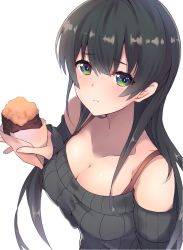 Rule 34 | 1girl, agano (kancolle), alternate costume, bare shoulders, black hair, black sweater, blush, bra strap, breasts, cleavage, closed mouth, collarbone, commentary request, dyson (edaokunnsaikouya), flying sweatdrops, food, frown, green eyes, holding, holding food, kantai collection, large breasts, long hair, long sleeves, looking at viewer, off-shoulder sweater, off shoulder, ribbed sweater, roasted sweet potato, simple background, solo, sweater, sweet potato, tears, upper body, white background, roasted sweet potato