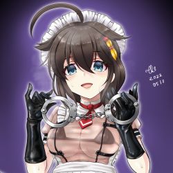 Rule 34 | 1girl, ahoge, alternate costume, artist name, black gloves, blue eyes, blush, braid, breasts, brown hair, cuffs, dated, enmaided, gloves, hair between eyes, handcuffs, holding, kantai collection, large breasts, long hair, maid, maid headdress, open mouth, shackles, shigure (kancolle), shigure kai ni (kancolle), signature, single braid, solo, tk8d32, upper body