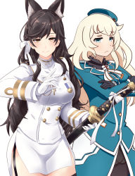Rule 34 | 2girls, animal ears, atago (azur lane), atago (kancolle), azur lane, beret, black gloves, black hair, black legwear, blonde hair, blue headwear, breasts, commentary request, crossed arms, extra ears, garter straps, gloves, gudon (iukhzl), hat, historical name connection, kantai collection, large breasts, long hair, military, military uniform, miniskirt, mole, mole under eye, multiple girls, name connection, pantyhose, ribbon, simple background, skirt, swept bangs, sword, thighhighs, uniform, weapon, white background, white ribbon