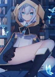 Rule 34 | 1girl, absurdres, ars almal, black footwear, black skirt, blue eyes, blurry, book, bookshelf, boots, bow, bowtie, breasts, bug, butterfly, cloak, collared shirt, depth of field, detached sleeves, gold trim, highres, hood, hooded cloak, bug, knee boots, library, looking at viewer, medium breasts, miniskirt, nijisanji, sapphire (sapphire25252), shirt, short hair, silver hair, skirt, smile, solo, thighs, virtual youtuber, white shirt