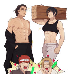 Rule 34 | 1girl, 3boys, abs, bare pectorals, black eyes, black hair, breasts, brown hair, carrying, character request, commentary, crying, emphasis lines, eren yeager, facial mark, facial scar, floch forster, folded ponytail, glowstick, grey eyes, hands in pockets, hanpetos, holding, holding glowstick, medium breasts, meme, mikasa ackerman, multiple boys, navel, oota kuniyoshi face (meme), open clothes, open mouth, open shirt, pectorals, scar, scar on cheek, scar on face, shingeki no kyojin, short hair, sports bra, streaming tears, sweat, tears, toned, toned male, wood