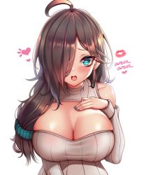 Rule 34 | 1girl, ahoge, aqua eyes, ara ara, ayumi oneesan, bare shoulders, breasts, brown hair, cleavage, commentary, english commentary, grey nails, hair over one eye, hair over shoulder, heart, heart-shaped pupils, indie virtual youtuber, kaptivate, large breasts, lipstick mark, long hair, long sleeves, looking at viewer, low-tied long hair, meme attire, nail polish, open-chest sweater, open mouth, ribbed sweater, simple background, solo, sweater, symbol-shaped pupils, turtleneck, turtleneck sweater, twitch.tv, upper body, virtual youtuber, white background