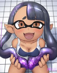 Rule 34 | 1girl, asymmetrical bangs, blush, breast lift, breasts, breasts squeezed together, brown eyes, cleavage, commentary, competition swimsuit, dark-skinned female, dark skin, domino mask, earclip, english commentary, fangs, fusion, ijiranaide nagatoro-san, inkling player character, kneeling, looking at viewer, mask, medium breasts, multicolored hair, nagatoro hayase, nintendo, one-piece swimsuit, one-piece tan, paid reward available, pointy ears, purple hair, rilex lenov, short eyebrows, skin fangs, solo, splatoon (series), swimsuit, tan, tanline, tentacle hair, tile floor, tiles, twintails, two-tone hair, very long sleeves, watermark, web address