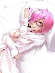 Rule 34 | 1girl, breasts, fate/grand order, fate (series), gem, glasses, hair over one eye, kinpun (fgxdw447), large breasts, light purple hair, lying, mash kyrielight, on back, open clothes, open mouth, open shirt, purple eyes, shirt, short hair, solo