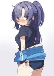Rule 34 | 1girl, absurdres, adjusting buruma, adjusting clothes, ass, black footwear, blue archive, blush, breasts, buruma, clothes tug, full-face blush, highres, jacket, jacket partially removed, looking at viewer, looking back, medium breasts, nose blush, pan koujou, ponytail, purple eyes, purple hair, simple background, solo, star sticker, sticker on face, sweatdrop, track jacket, white background, yuuka (blue archive), yuuka (track) (blue archive)