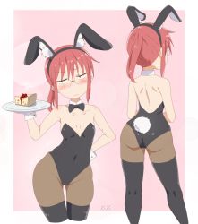 Rule 34 | 1girl, animal ears, annoyed, ass, back, bare shoulders, blush, bow, bowtie, breasts, collarbone, embarrassed, fake animal ears, fake tail, flat chest, foxxarius, glasses, highres, kobayashi-san chi no maidragon, kobayashi (maidragon), leotard, pantyhose, playboy bunny, ponytail, rabbit ears, rabbit tail, red hair, simple background, small breasts, solo, tail, thick thighs, thighhighs, thighs, wide hips, wrist cuffs