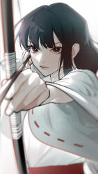Rule 34 | 1girl, absurdres, aiming, aiming at viewer, archery, arrow (projectile), black hair, blurry, bow (weapon), closed mouth, crying, depth of field, drawing bow, eyelashes, eyeliner, gootai, highres, holding, holding arrow, holding bow (weapon), holding weapon, inuyasha, japanese clothes, kikyou (inuyasha), lips, long hair, long sleeves, looking at viewer, makeup, miko, outstretched arm, sad, simple background, solo, sunlight, tears, tears from one eye, up sleeve, upper body, weapon, white background, wide sleeves