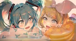 Rule 34 | 2girls, aqua eyes, aqua hair, bare shoulders, blonde hair, blue eyes, blush, bow, double-parted bangs, feet up, floral print, hair between eyes, hair bow, hair ornament, hairband, hairclip, hatsune miku, headset, kagamine rin, long hair, looking at another, lying, medium hair, multiple girls, on stomach, open mouth, pillow, saihate (d3), smile, spring onion print, swept bangs, twintails, vocaloid